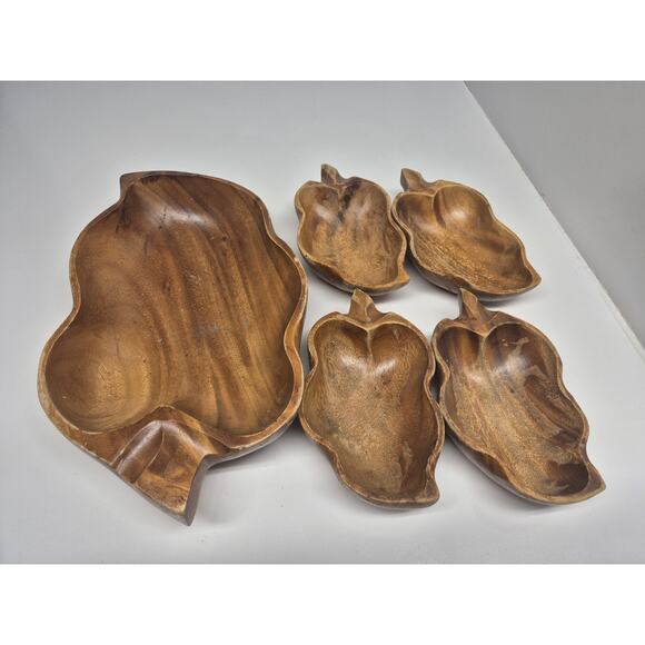 Vintage Monkey Pod Set Wood Carved Bowl Dish Cottage Made in Philippines - Picture 1 of 7